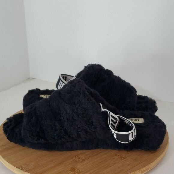 UGG Fluff Yeah Black Fuzzy Slide Sandals with Logo Strap Size 10 - Picture 8 of 12